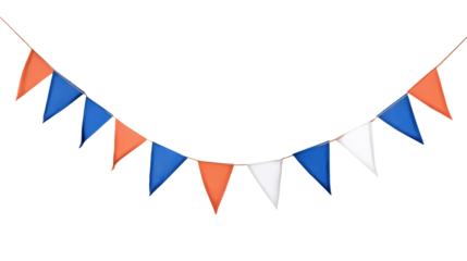 Colorful festive bunting flags in red, white, and blue, perfect for celebrations and events, isolated on white background.