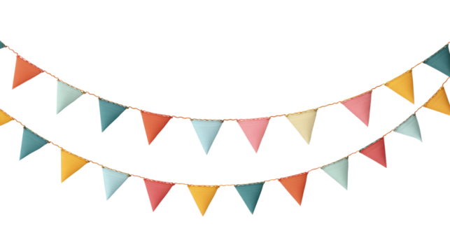 Colorful decorative bunting flags, perfect for celebrations and events, white isolated background.