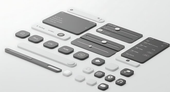 Collection of isometric ui elements and components on a white background