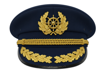 Isolated German navy officer hat, gold bullion embellishments, military uniform headwear