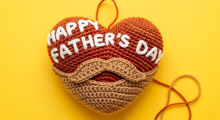 Handmade crocheted heart with Happy Fathers Day text and mustache on yellow background.