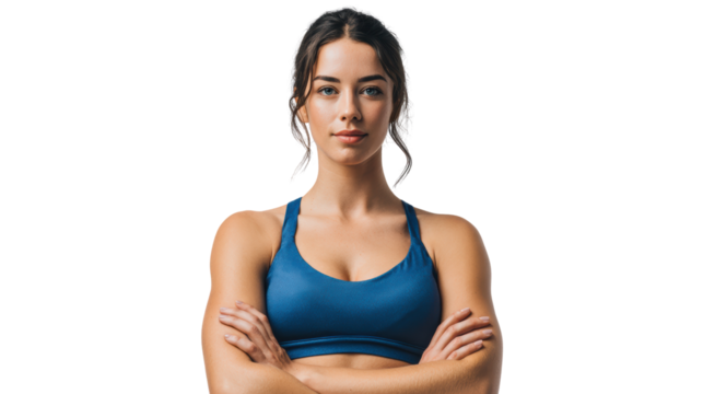 Confident woman in athletic wear with arms crossed, isolated on white background. - Powered by Adobe