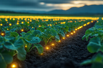 Lights shining in the midst of lush leta plants in a field.
