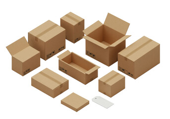 Fototapeta premium High-quality brown cardboard shipping boxes, varied sizes, some open with flaps, some sealed, unwritten white label, arranged on transparent, shadowless. Concept for packaging and logistics