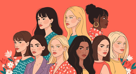 Diverse Group of Women with Varying Hairstyles and Outfits Surrounded by Floral Accents.