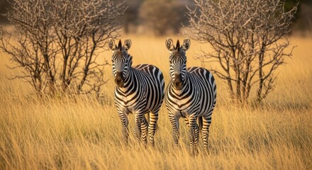 Obraz premium Two Zebras Standing Together in the African Savannah