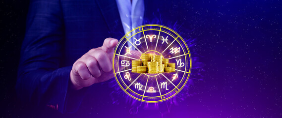 Horoscope with zodiac signs and money coins like astrology and money and astrology and wealth...