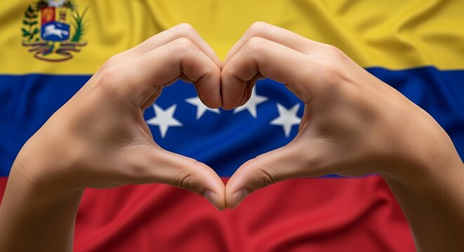 Hands forming heart shape on Venezuelan flag.