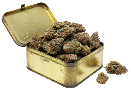 Isolated golden tin filled with marijuana, cannabis buds, medical recreational herb flower