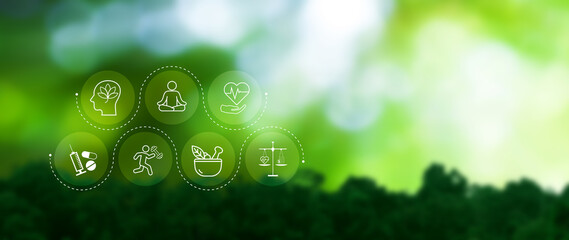 Wellness longevity and Holistic Concept. health care, including mental wellbeing, fitness, nutrition, sleep, relationships and financial balance, Personal development and balance.