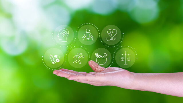 Wellness longevity and Holistic Concept. health care, including mental wellbeing, fitness, nutrition, sleep, relationships and financial balance, Personal development and balance.