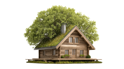 Eco-friendly house with a green roof blending nature and architecture, isolated on white background.