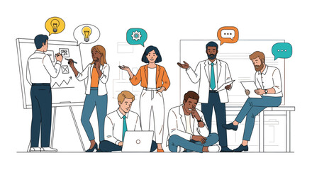 Diverse team brainstorming with whiteboard laptop and speech bubbles of ideas.