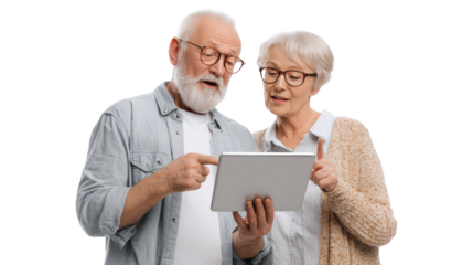 Elderly couple using tablet, engaged in conversation, smiling with technology.