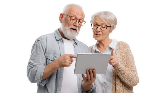 Elderly couple using tablet, engaged in conversation, smiling with technology.