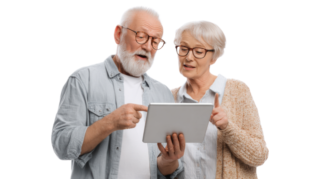 Elderly couple using tablet, engaged in conversation, smiling with technology.