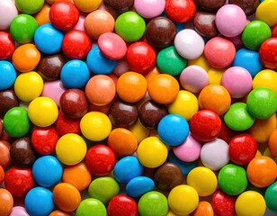 Obraz premium Pile of Colorful Candy Coated Chocolate Lentils in Red Blue Green Yellow Brown and Orange Sweet Treats for Kids Top Down View