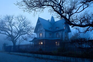 Spooky mansion with fog and eerie atmosphere at night Generative AI