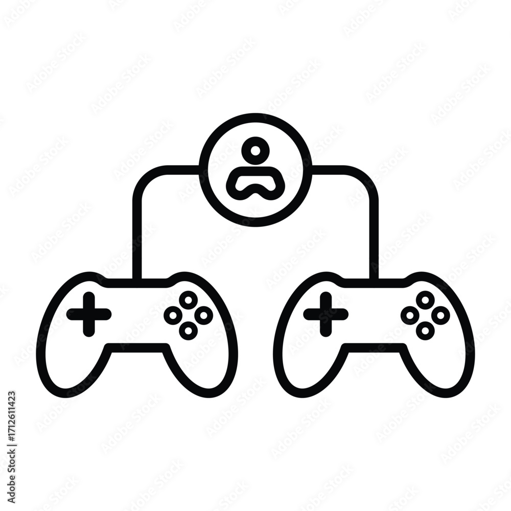 Poster two game controllers connect to a central figure. line icon. editable stroke