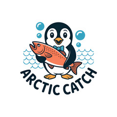Adorable Cartoon Penguin Holding Fish: Arctic Catch,  Playful Vector Illustration