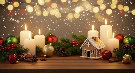 Festive Christmas Scene with Candles and Gingerbread House.