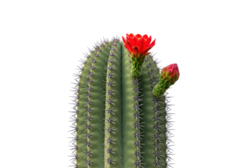 Isolated flowering cactus plant, vibrant red flower blossom, green succulent prickly needles