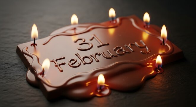 Melted chocolate plaque with 31 February text and lit candles, symbolizing impossibility and a non-existent date.