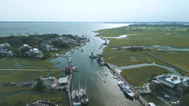 Aerial view of Shem Creek in Mount Pleasant South Carolina during the day. 