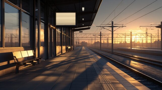 Empty modern train station platform with long shadows and tracks disappearing into the golden sunrise.