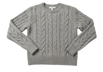 Isolated gray knit sweater, cable knit design, crew neck, fashion winter garment wear