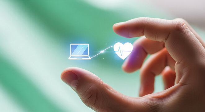 Digital Wellness A Hand Connecting Laptop to Heart for Online Health and Telemedicine Technology