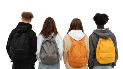 Group of students with backpacks standing together, facing away, isolated on a white background.