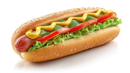 Hot dog with mustard and lettuce on a white background