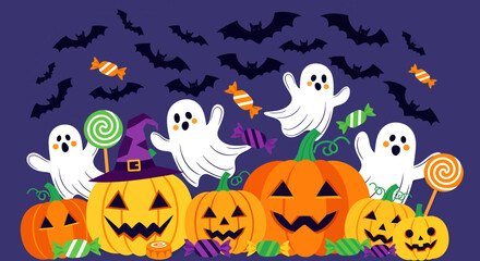 Festive Halloween Scene with Pumpkins Ghosts Bats and Colorful Candies.
