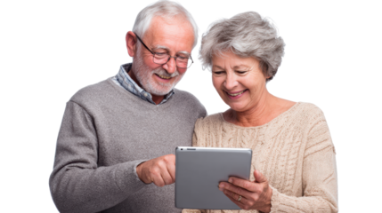 Happy seniors enjoying time together while using a tablet, white isolate background.