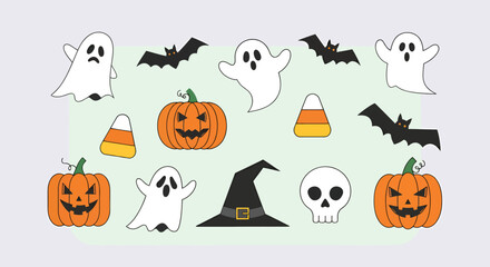 Halloween Cartoon Icons Ghosts Bats Pumpkins Candy Corn Skull and Witch Hat.