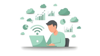 A man works on a laptop, analyzing data with cloud technology icons.