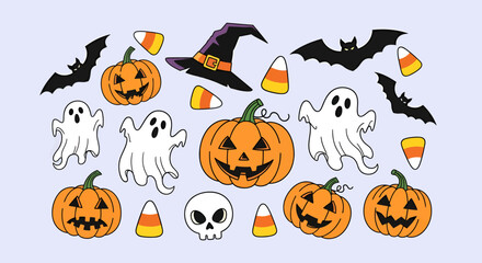 Halloween Cartoon Pumpkins Ghosts Bats Skull Witch Hat and Candy Corn.