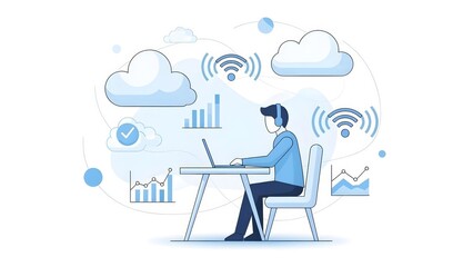 A man works remotely at a desk, using cloud data and Wi-Fi icons.