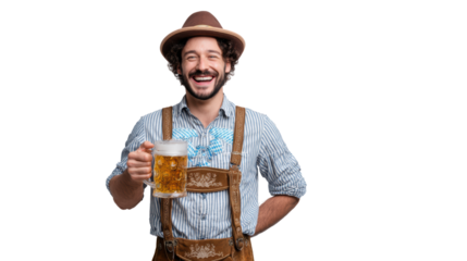Man in traditional outfit holding a beer mug, smiling joyfully, on a white isolated background.