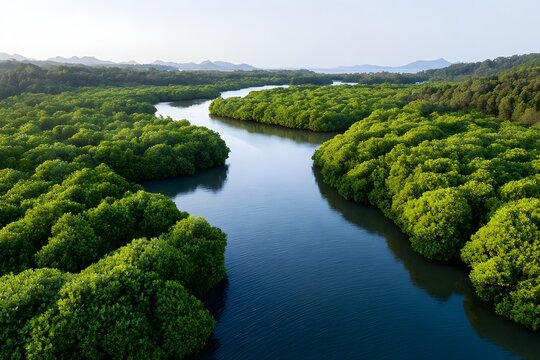Lush mangrove forest with winding river under clear skies Generative AI