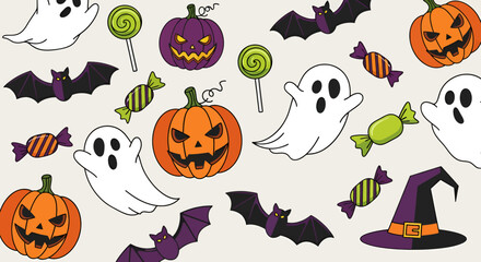 Halloween Icons Cartoon Ghosts Bats Pumpkins Candy Lollipops and Witch Hat.