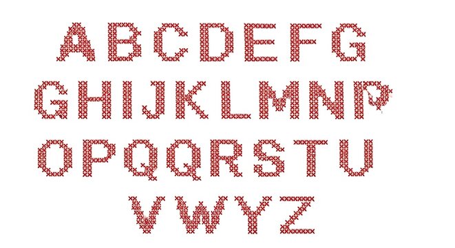 Pixelated Alphabet Letters Red Cross Stitch Font.