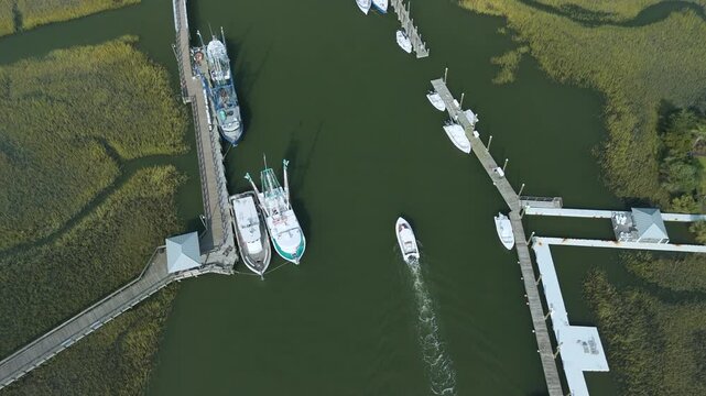 Aerial view of Shem Creek in Mount Pleasant South Carolina during the day. 