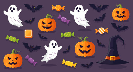 Halloween Pattern with Smiling Pumpkins Flying Ghosts Bats Witch Hat and Wrapped Candies.