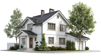 Modern house with landscaped garden in front, white isolated background.