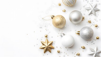 Fototapeta premium Elegant gold and silver christmas ornaments and stars on white background