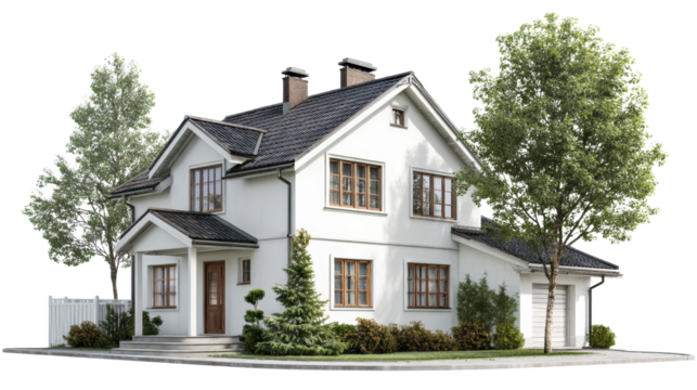 Modern house with landscaped garden in front, white isolated background.