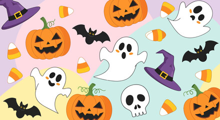Playful Halloween Pattern with Smiling Pumpkins Cute Ghosts Bats and Candy Corn.