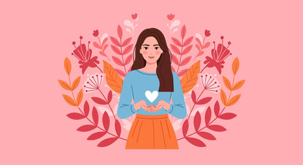 Smiling woman holding a white heart surrounded by floral elements.